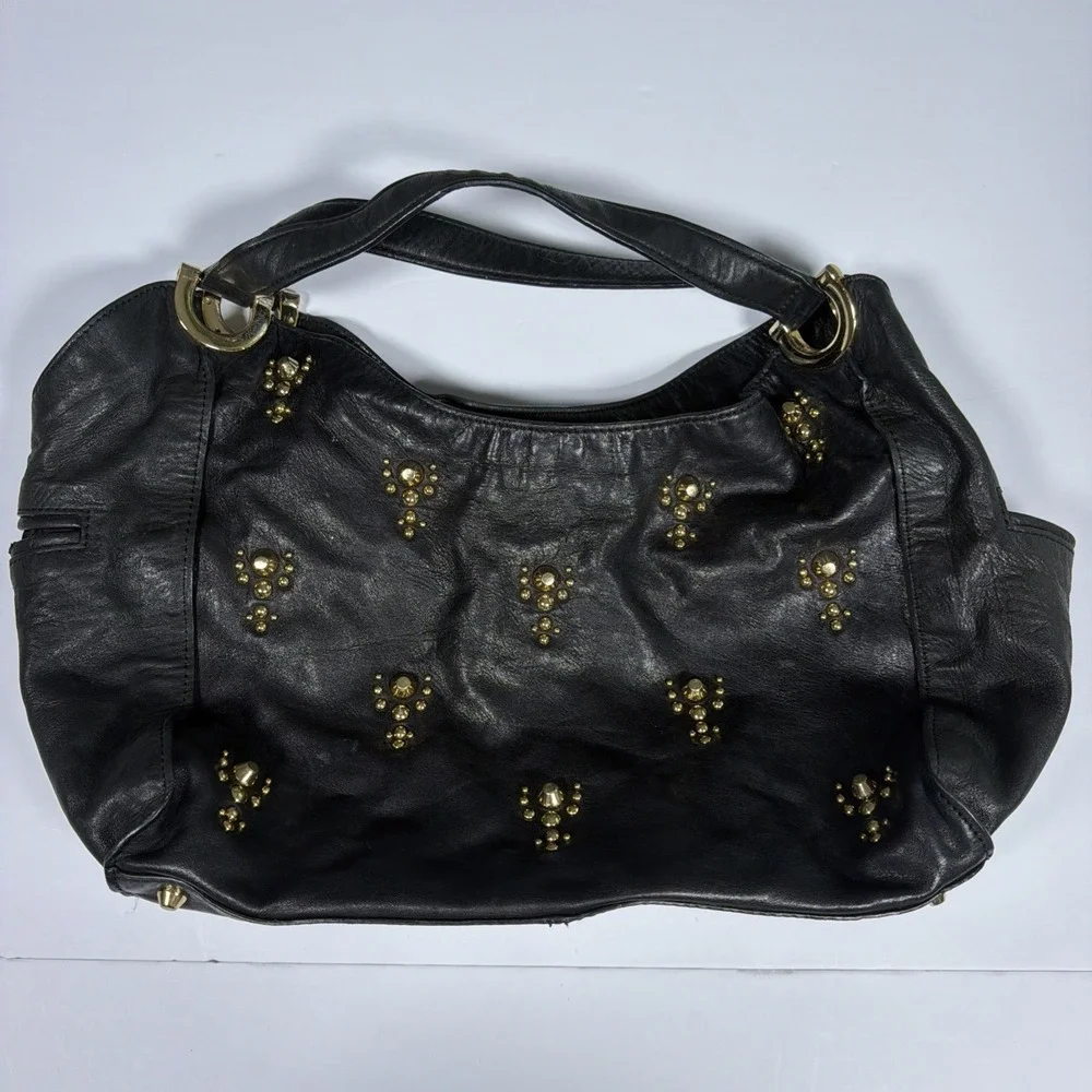 Vintage Y2K Juicy Couture Black Leather Hand Bag Purse Studded Key Hobo